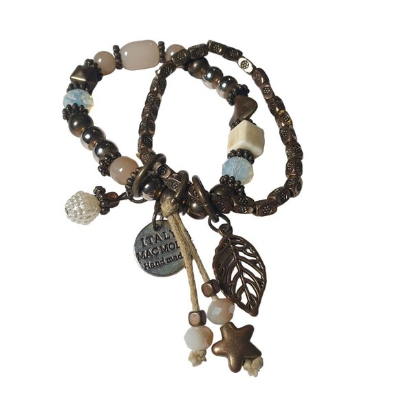 Handmade Mac Mode Italy Vintage Bronze Bead Stretch Two LayeBracelet  With Charm - Picture 4 of 6